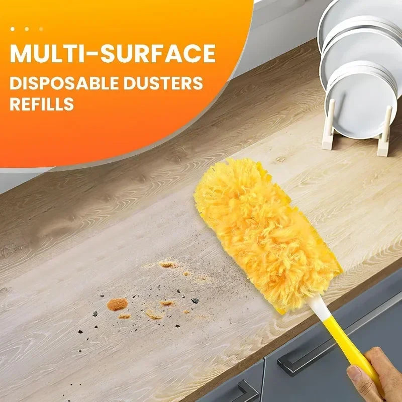 A yellow disposable duster refill is shown cleaning dust from a wooden surface.
