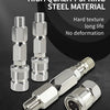 Three stainless steel swivel connectors for airless spray hoses showing a hard texture and long life.
