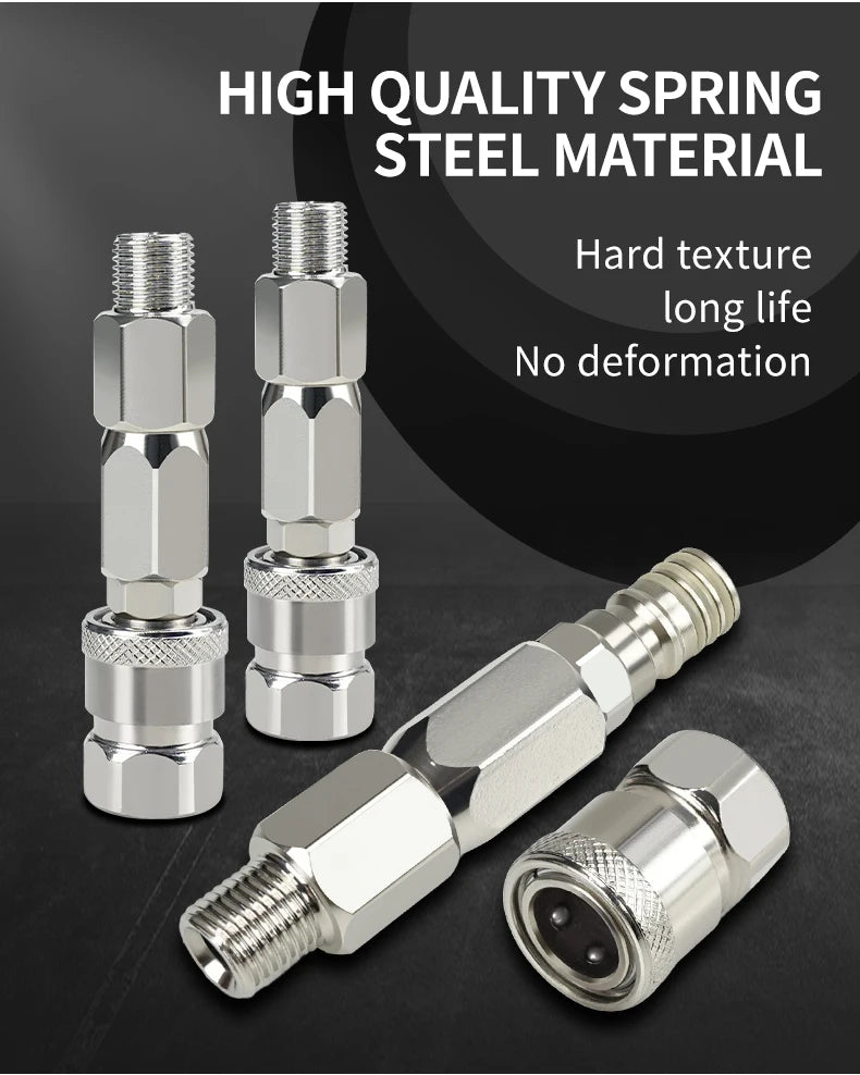 Three stainless steel swivel connectors for airless spray hoses showing a hard texture and long life.