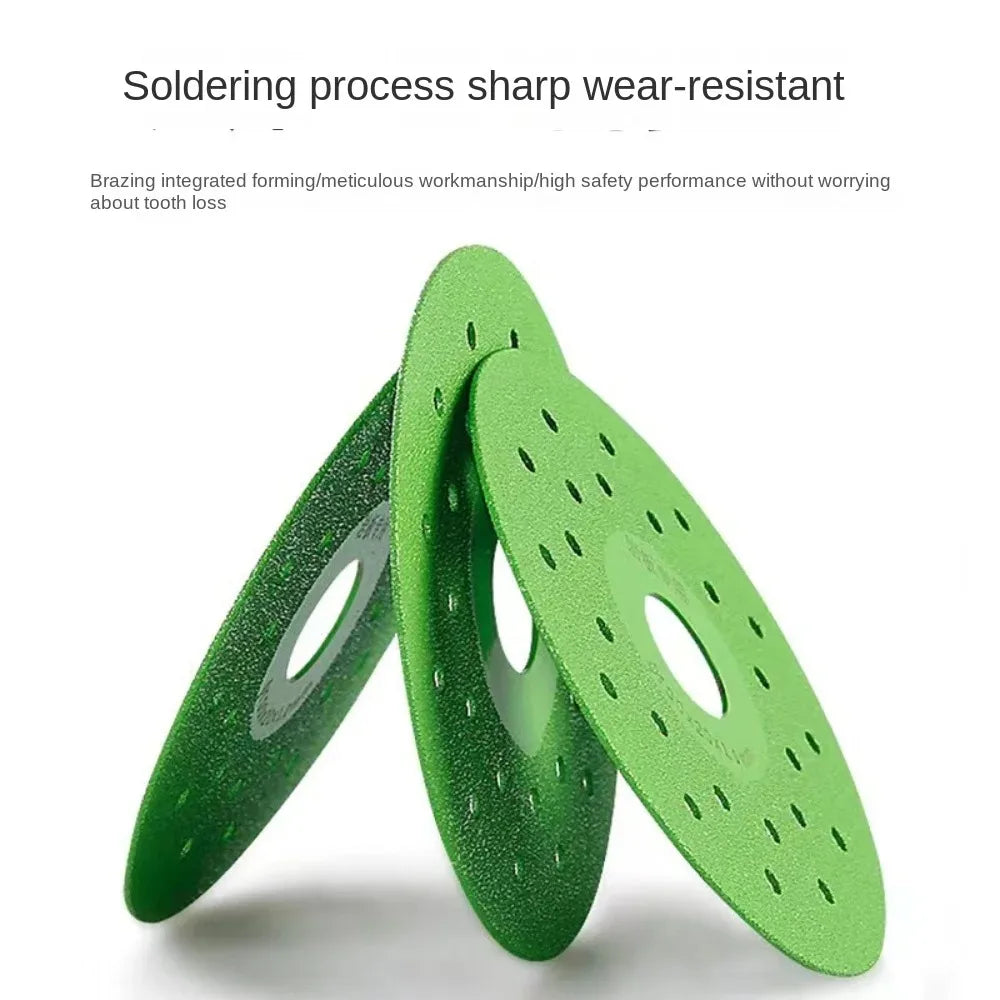 Green diamond glass and tile cutting discs for angle grinders shown in a close-up view
