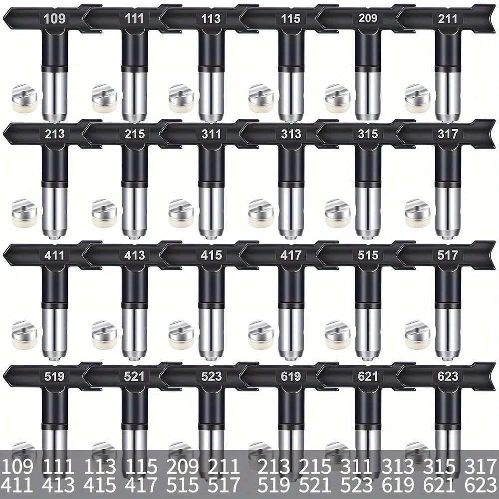 A collection of 24 reversible spray tips for precision application shown in various sizes and configurations.