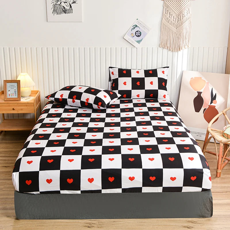 Black and white checkered fitted bed sheet with a marbled print design