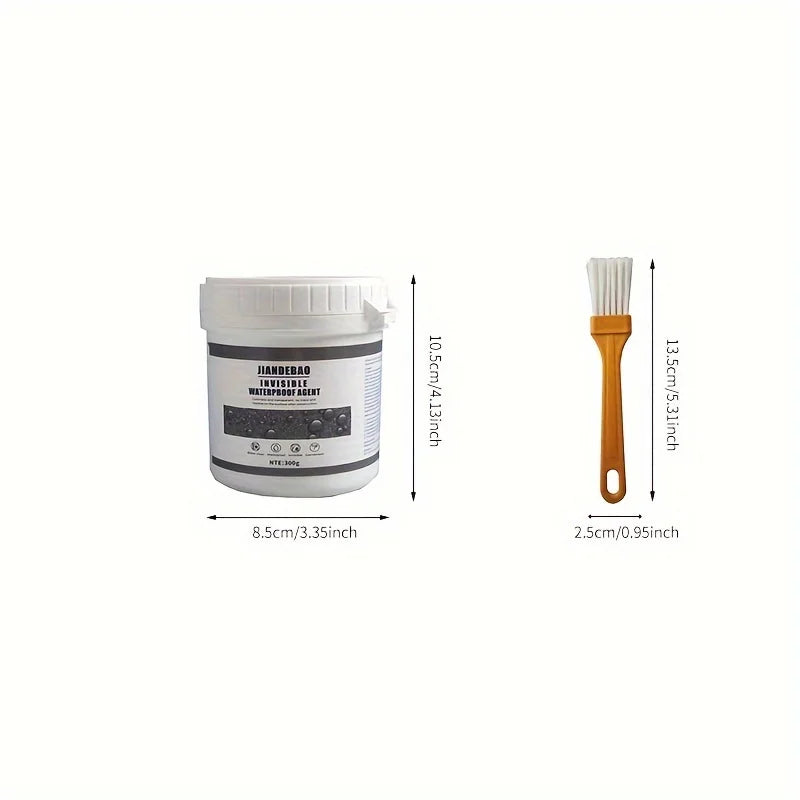 A white container of invisible transparent waterproof sealing coating for tiles and fixtures with an orange applicator brush.