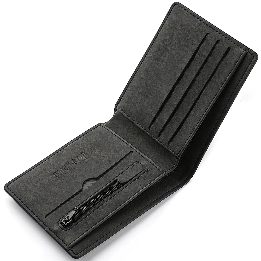 Black vintage PU leather short wallet with multi-card slots and a coin pocket shown from above.