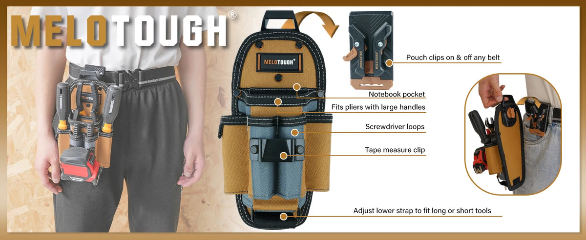 A person wearing dark pants is shown holding a Melotough tool pouch designed for technicians.