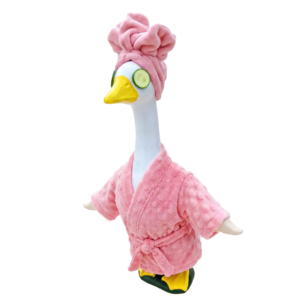 A plush outfit for a goose featuring a pink ruffled hat and a matching pink jacket.