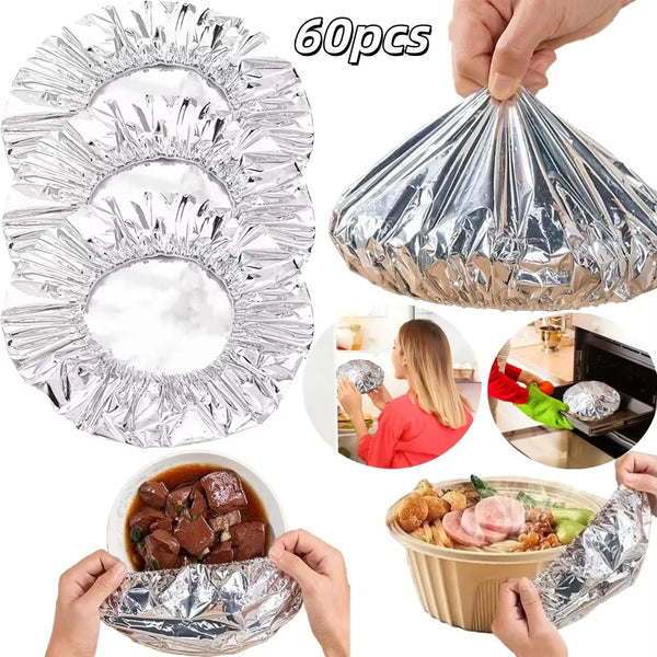 Silver reusable silicone food bowl covers shown in various applications including a hand holding the product and food packagi