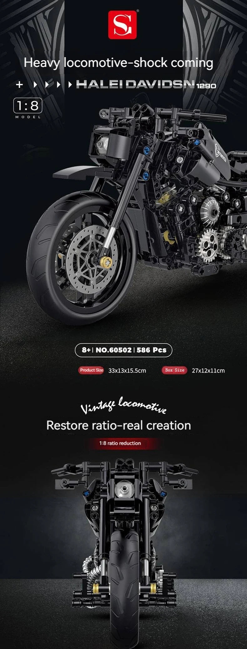 A detailed 1:8 scale model of a heavy locomotive motorcycle with black and metallic components.