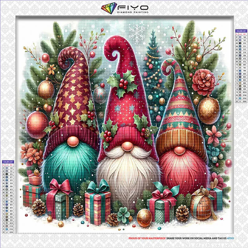 Kit de peinture de diamants avec un gnome mosaïque de Noël, chapeau rouge et vert et barbe blanche.