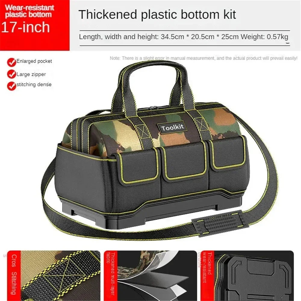 Black and olive camouflage tool kit bag with a thickened plastic bottom, shown from the top.