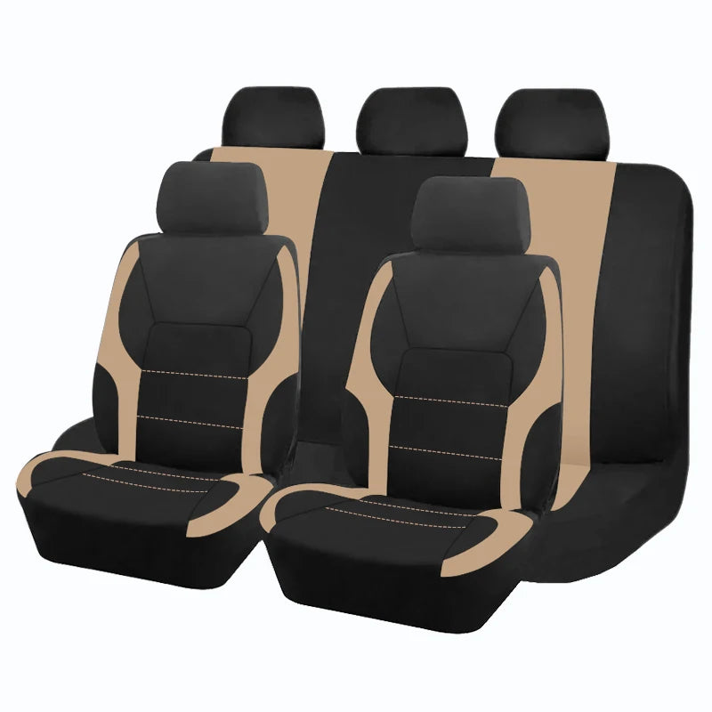 A set of black and tan two-tone car seat covers shown in a row.