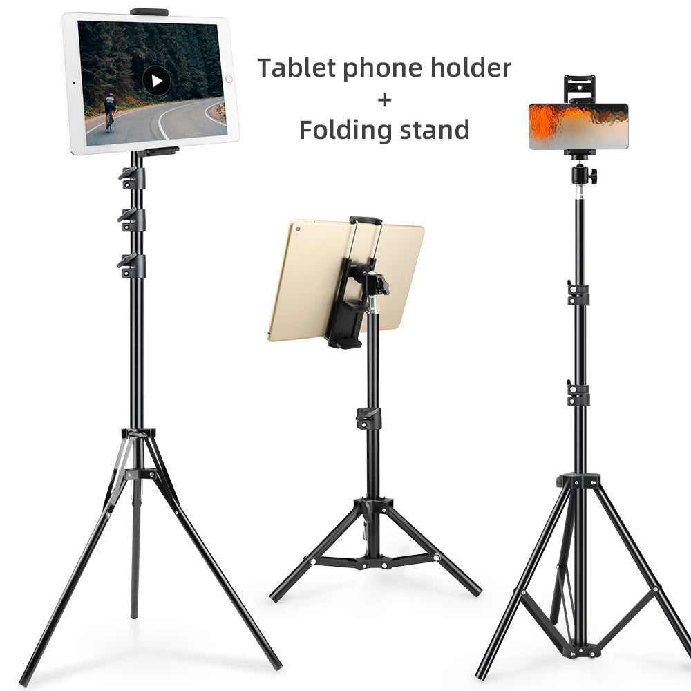 A set of tablet phone holders, including a tablet phone holder and a folding stand, mounted on adjustable aluminum tripod sta