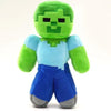 A soft plush doll resembling a Minecraft character with green skin and blue clothing.
