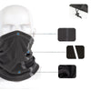 A black polar fleece neck warmer is shown on a mannequin head with various components displayed separately.