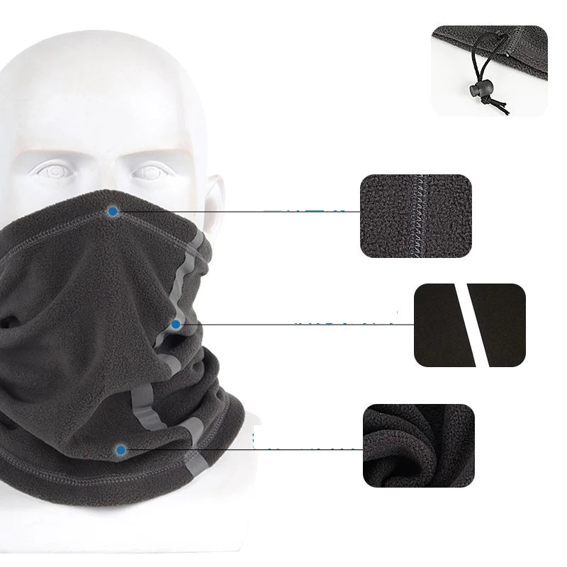 A black polar fleece neck warmer is shown on a mannequin head with various components displayed separately.