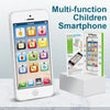 A multi-function children's smartphone displaying numbered and fruit icons, next to a green Y-phone model.