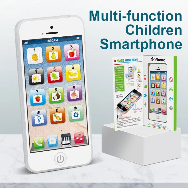A multi-function children's smartphone displaying numbered and fruit icons, next to a green Y-phone model.