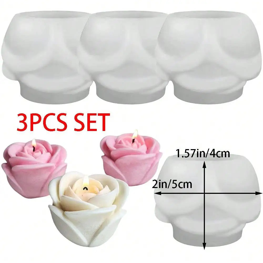 A set of three white silicone rose flower molds for crafting candles, soap, and resin
