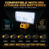 A portable LED work light is shown with various 18V lithium-ion batteries and a slide-in design.