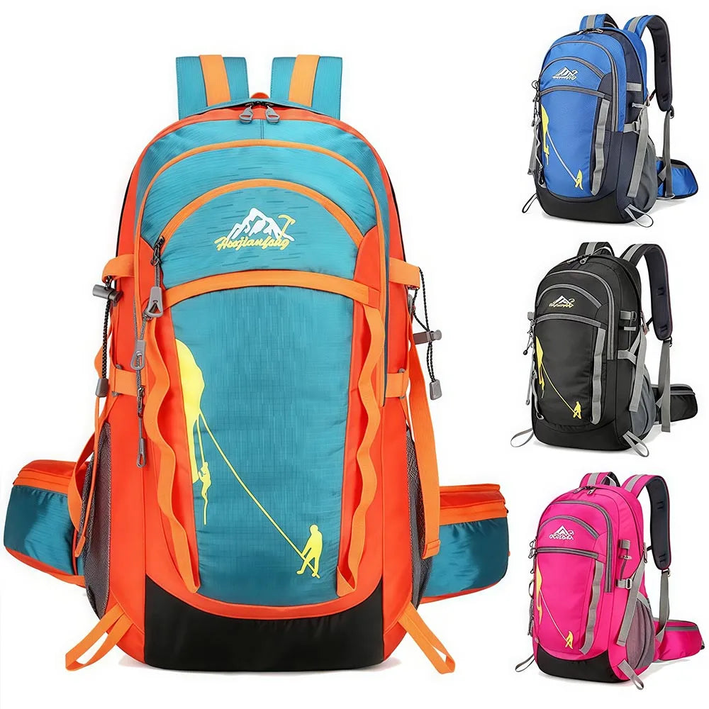An orange and teal hiking backpack with black accents shown from the back.