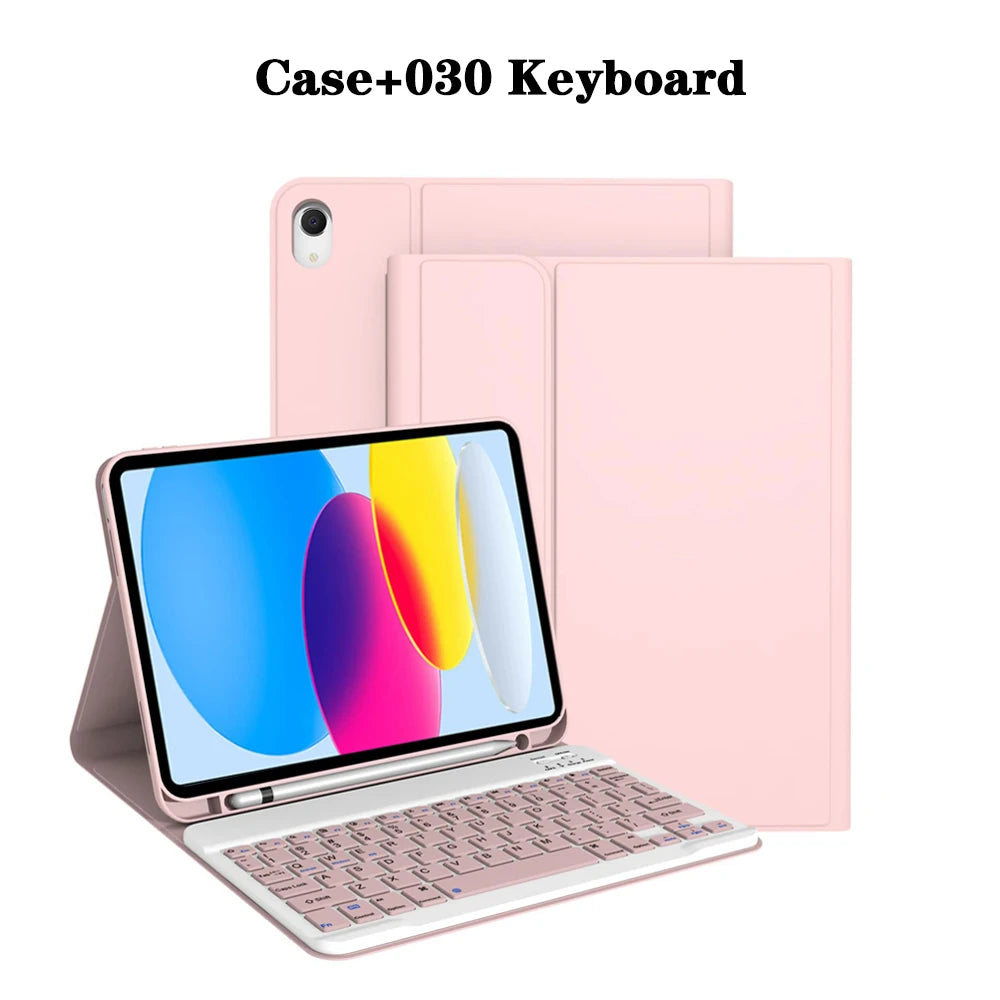 A pink detachable wireless keyboard case for an iPad, showing the tablet and the keyboard component.