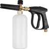 A foam cannon car wash kit with a black handle and nozzle assembly attached to a white bottle.