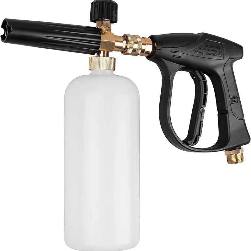 A foam cannon car wash kit with a black handle and nozzle assembly attached to a white bottle.