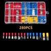 A plastic tray containing assorted male and female insulated wire crimp terminal connectors in red, blue, and yellow colors.