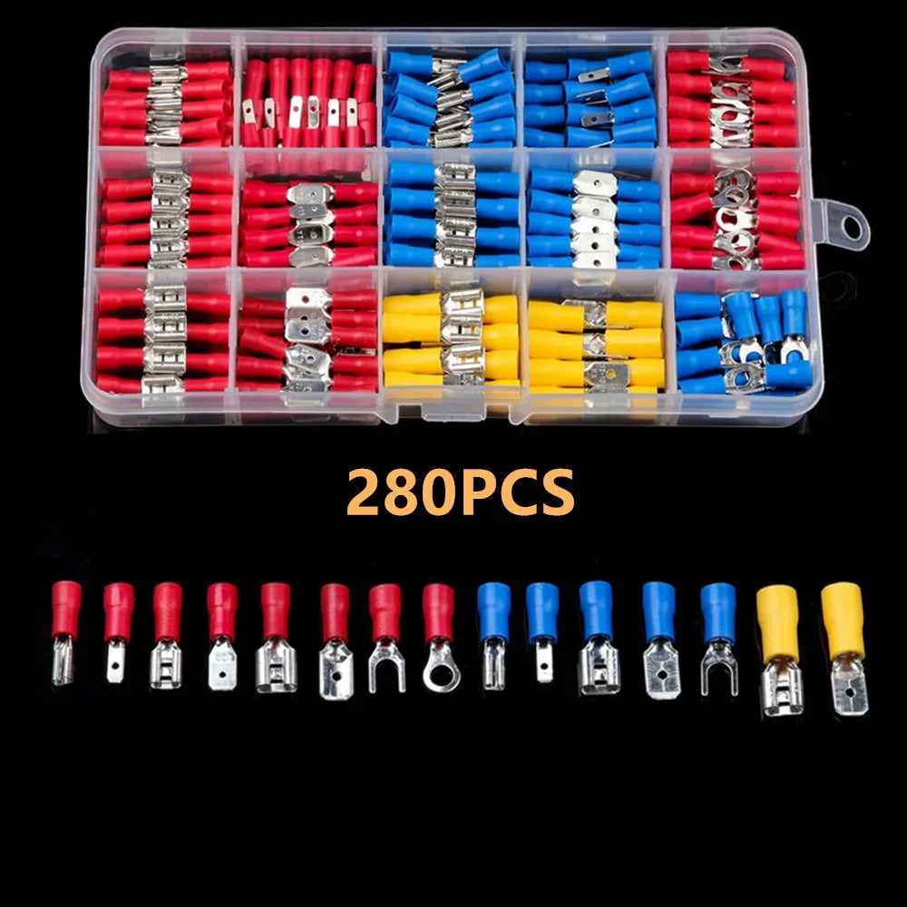 A plastic tray containing assorted male and female insulated wire crimp terminal connectors in red, blue, and yellow colors.