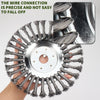 A hand holds a heavy-duty steel wire wheel brush with precise wires, used for lawn mowers and trimmers.