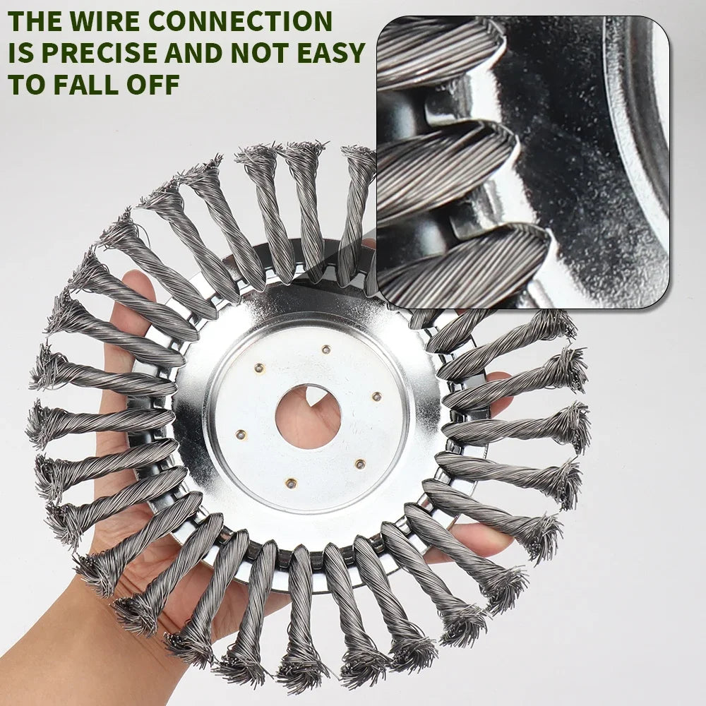 A hand holds a heavy-duty steel wire wheel brush with precise wires, used for lawn mowers and trimmers.