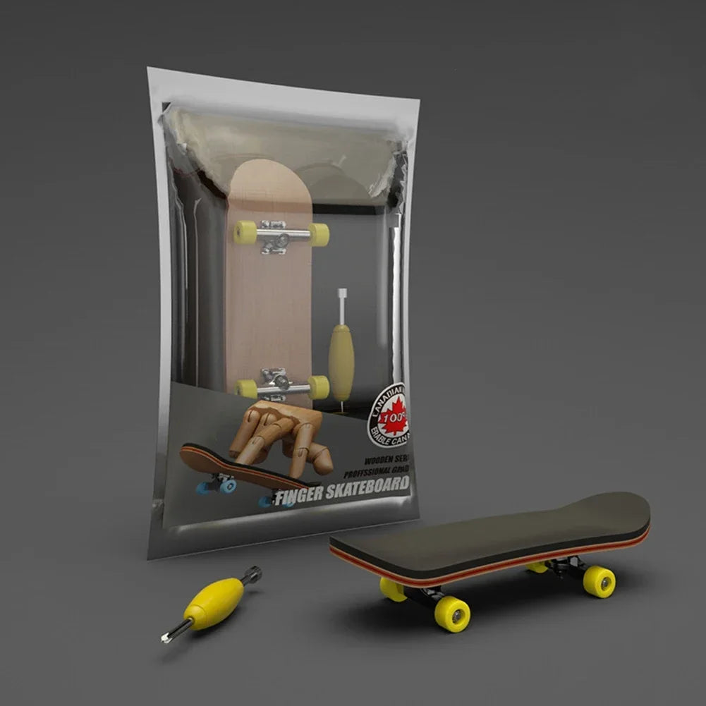 A wooden finger skateboard is shown inside its protective clear plastic case with a wooden board and yellow hardware visible.