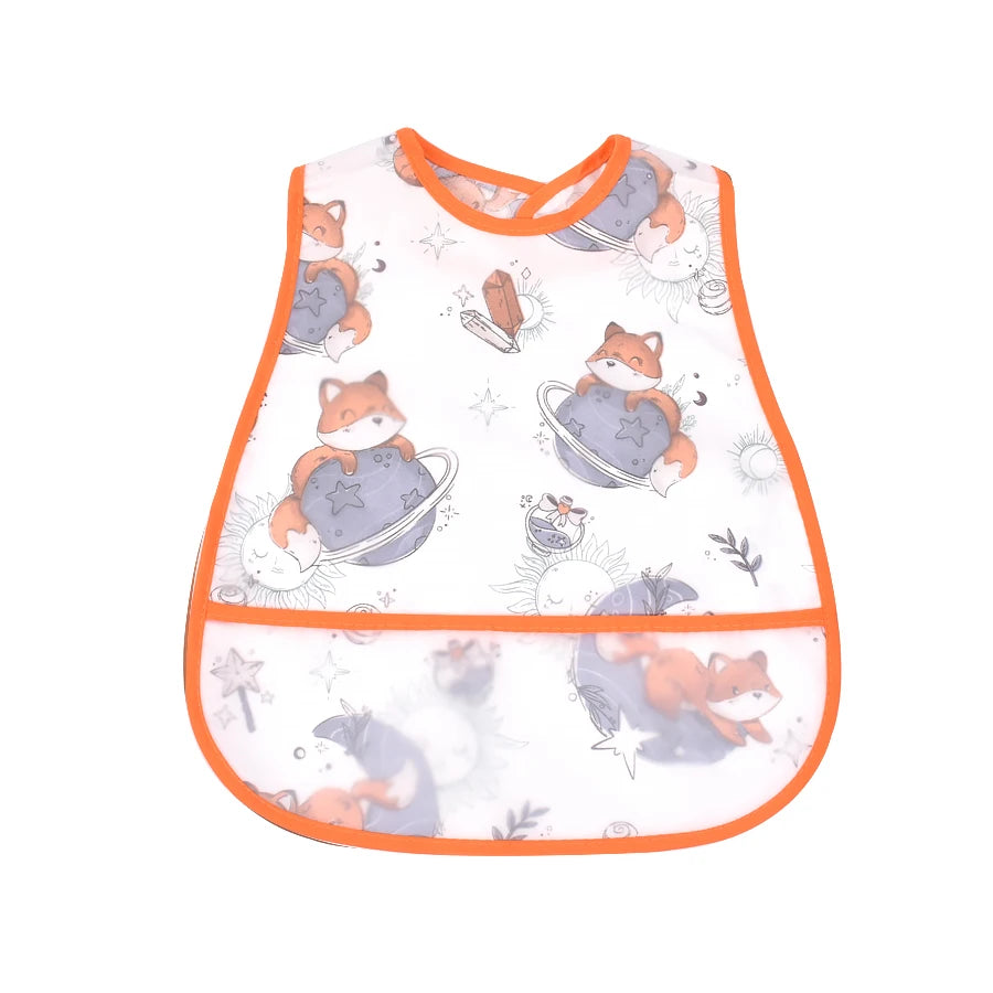 A white baby feeding bib featuring cute orange fox illustrations and a catch pocket.