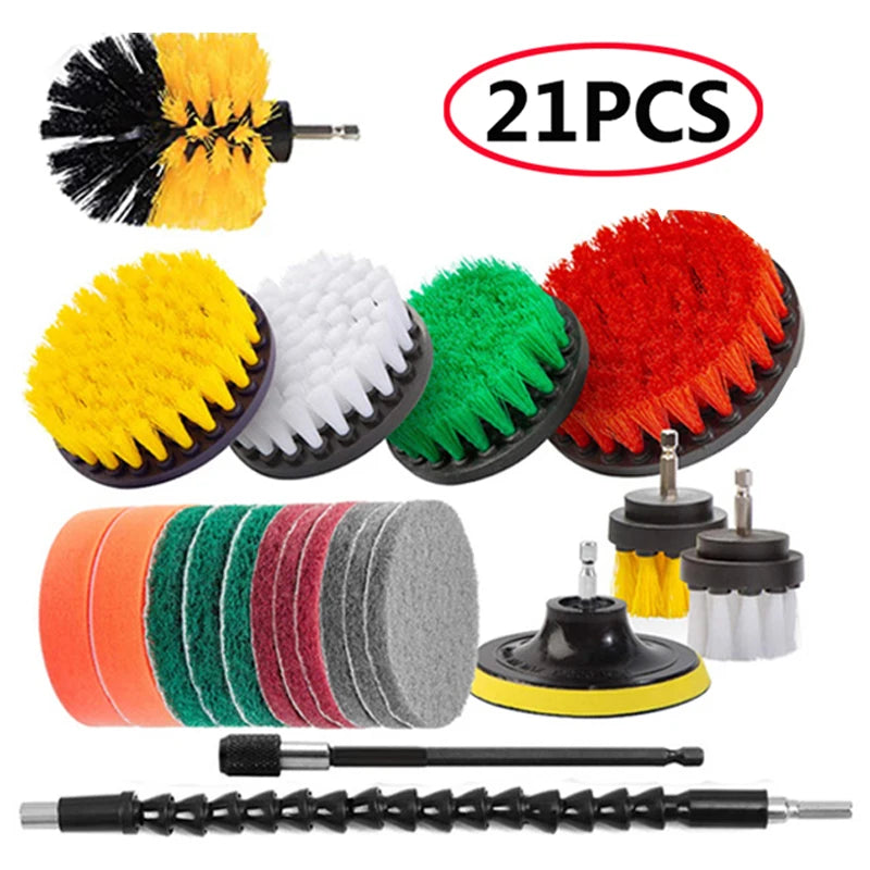 A set of 21 cleaning brush attachments including various yellow, black, green, red, and orange bristles and a brush head.