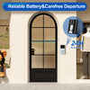 A black video doorbell is shown in an arched doorway with text promoting reliable battery and carefree departure.