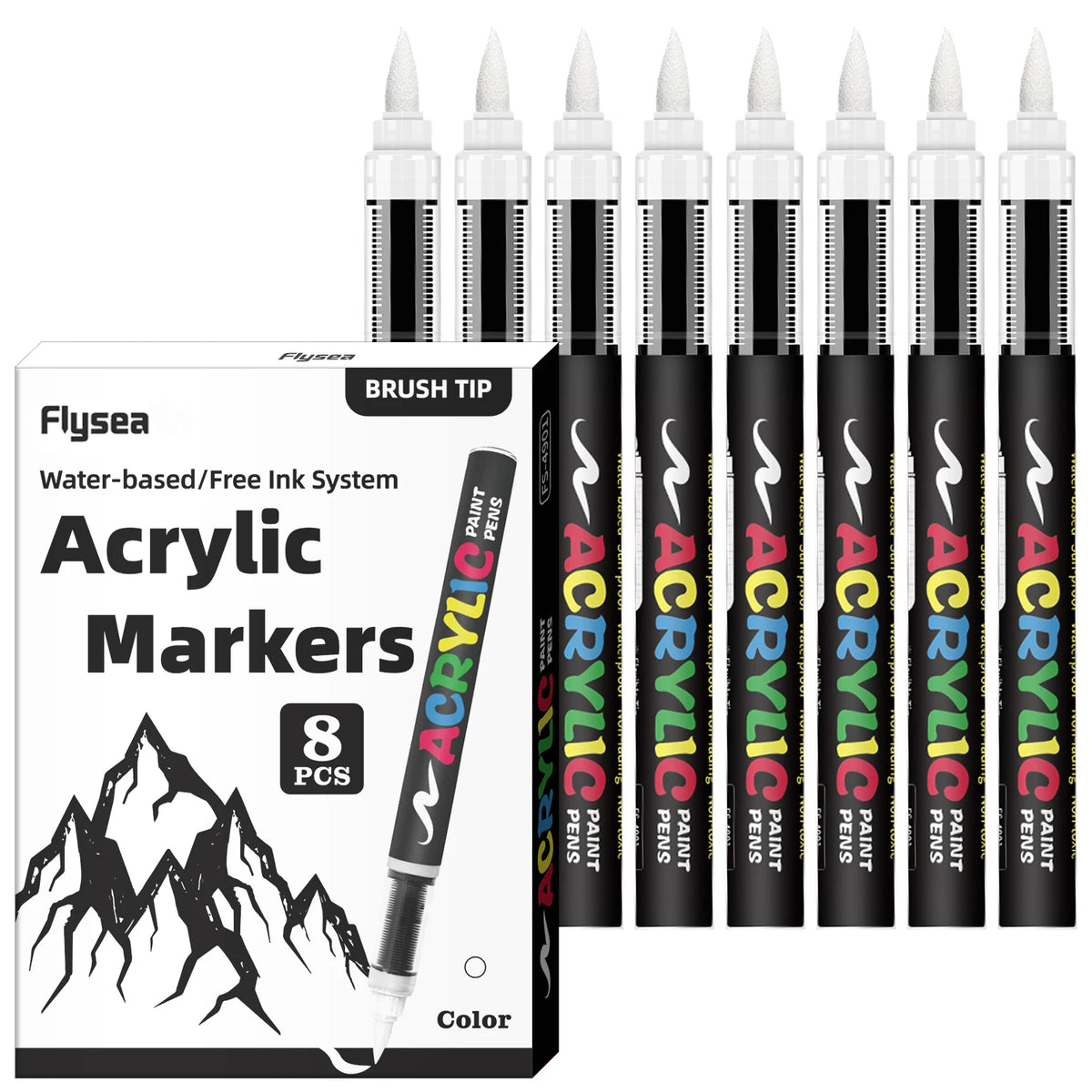 Un set de huit stylos à peinture acrylique noirs avec embouts, emballés dans une boîte.