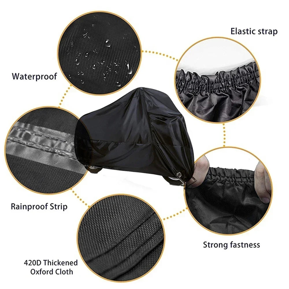Black waterproof motorcycle cover featuring an elastic strap, waterproof strip, and strong fastenings made from 420D thickene