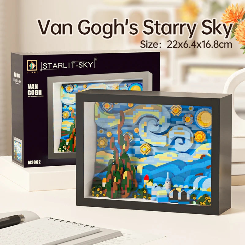 A framed print of Van Gogh's starry sky painting displayed next to its packaging box.