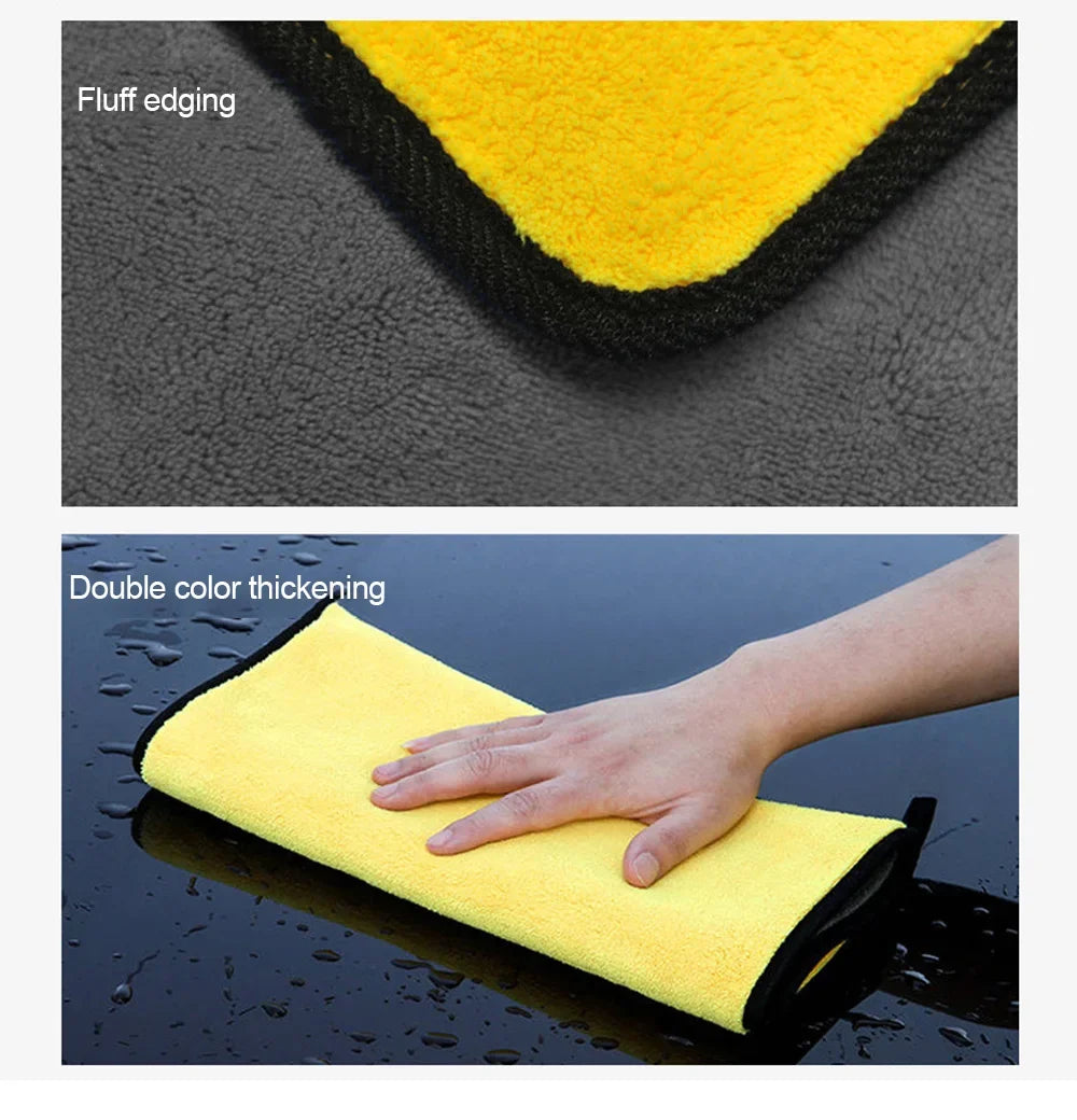 Close-up of yellow microfiber car cleaning towels showing fluff edging and double color thickening.