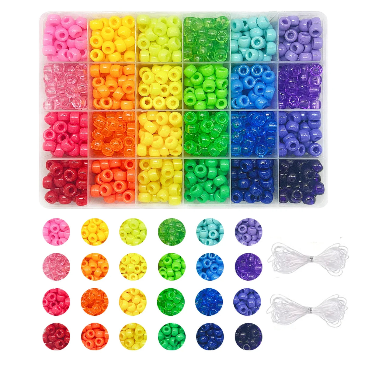 A large set of pony beads and letter beads in various colors arranged in small compartments for crafting.
