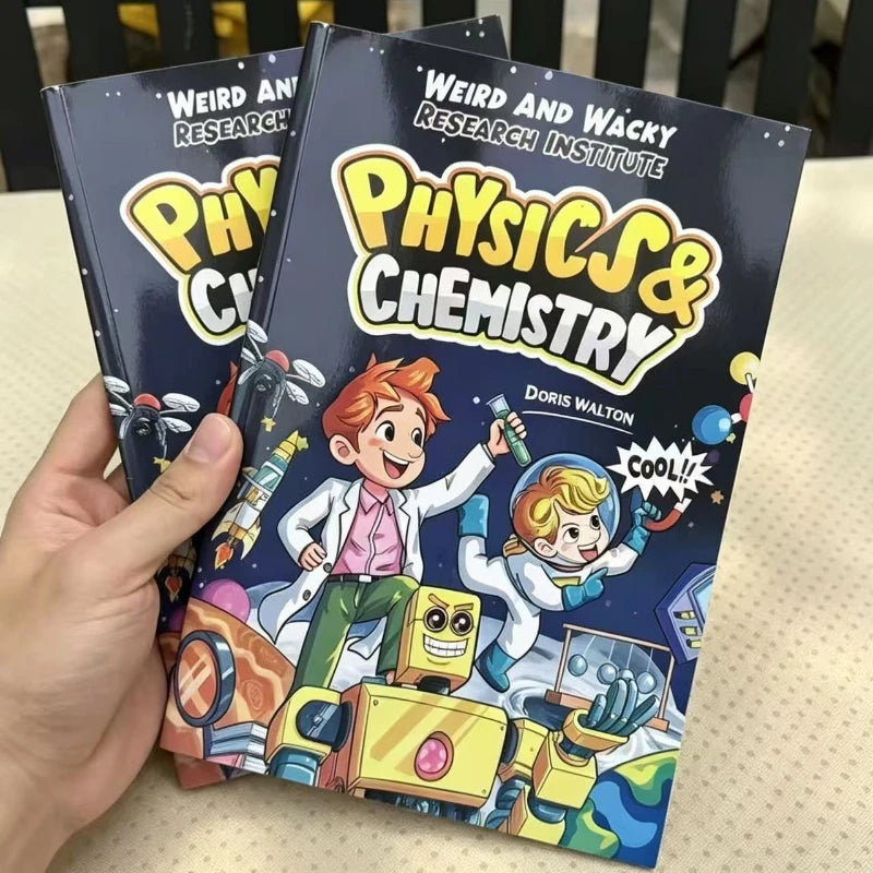 A hand holds a set of two physics and chemistry comic books featuring characters in lab coats and space gear.