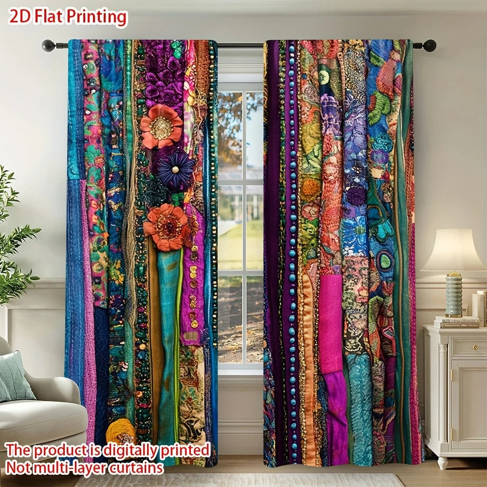 A pair of vibrant multi-layer patchwork curtains featuring bohemian ethnic prints in various jewel tones and textures.