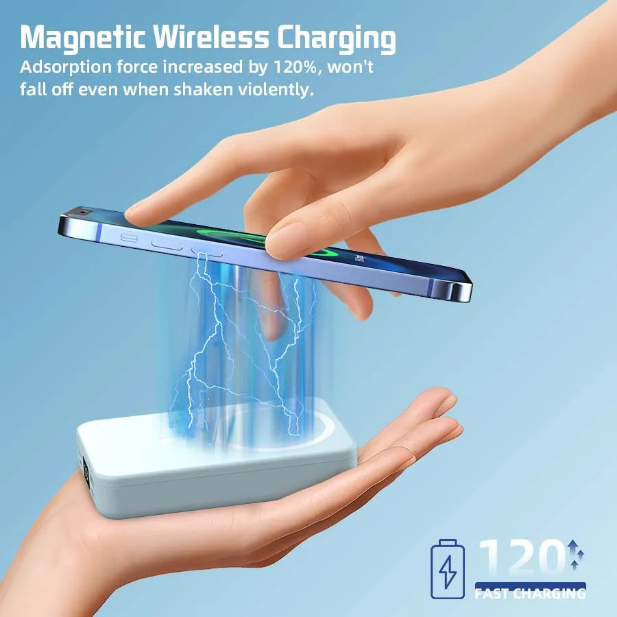 Eine Hand legt ein Smartphone über eine drahtlose Ladepad, die magnetische drahtlose Ladetechnologie demonstriert.