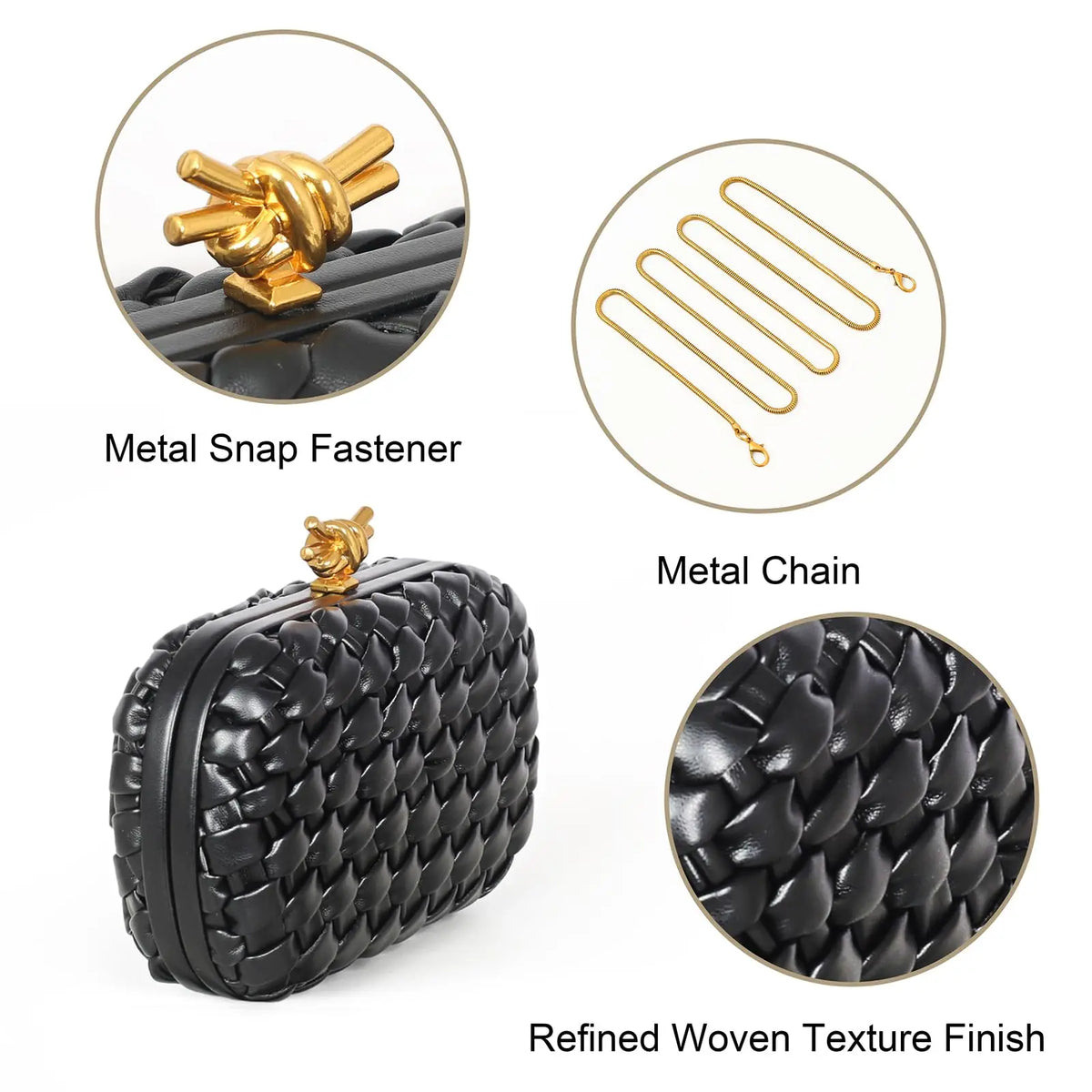 A black woven clutch bag featuring a metal snap fastener and a gold-toned chain strap.