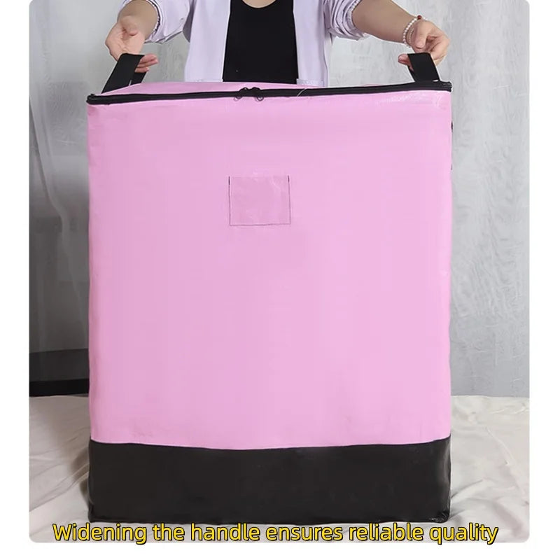 A pink waterproof heavy-duty storage bag with a black handle is shown against a light background.