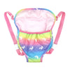 Pink and rainbow colored doll carrier backpack with adjustable straps