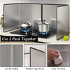 A set of two foldable stainless steel splatter guards for stovetop use with rubber edge wrap and easy cleaning features