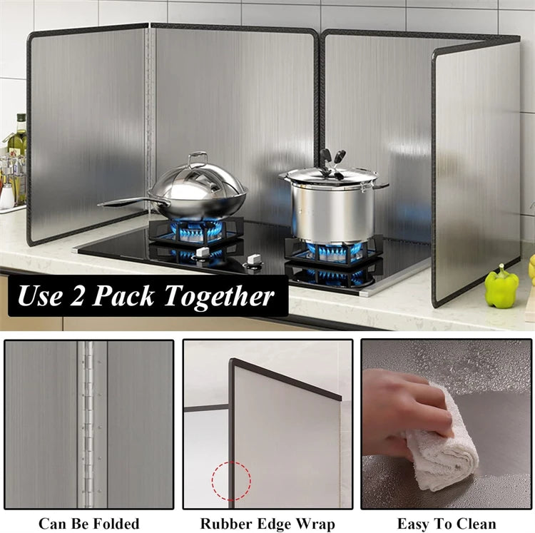 A set of two foldable stainless steel splatter guards for stovetop use with rubber edge wrap and easy cleaning features