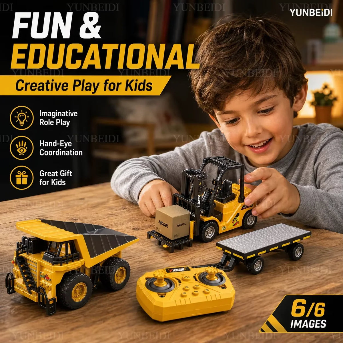 A boy is playing with a yellow remote control construction vehicle toy on a wooden table.