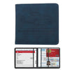A dark blue leather card holder wallet featuring a silhouette of a car and text for registration and insurance documents.